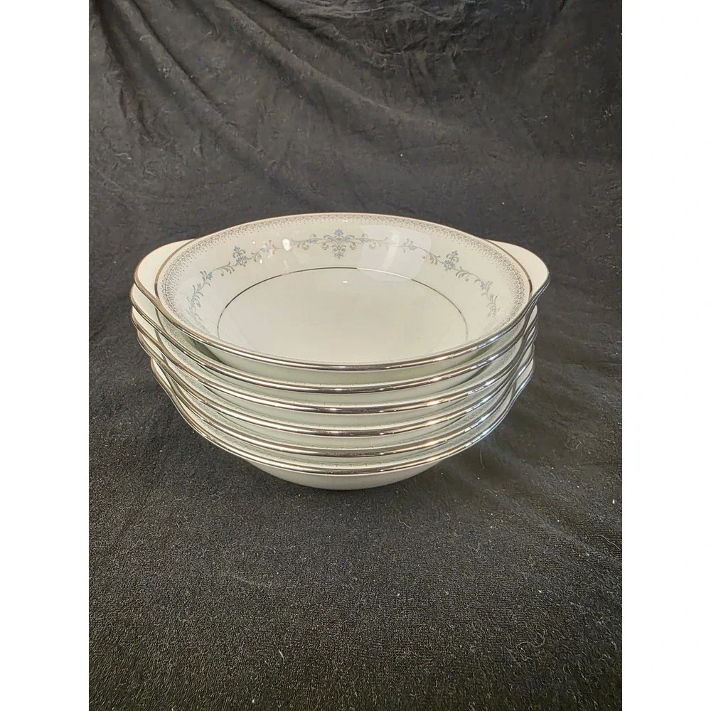 Noritake Maria 6675 Lugged Soup Bowls Set of 6 Blue Floral Platinum Trim Japan